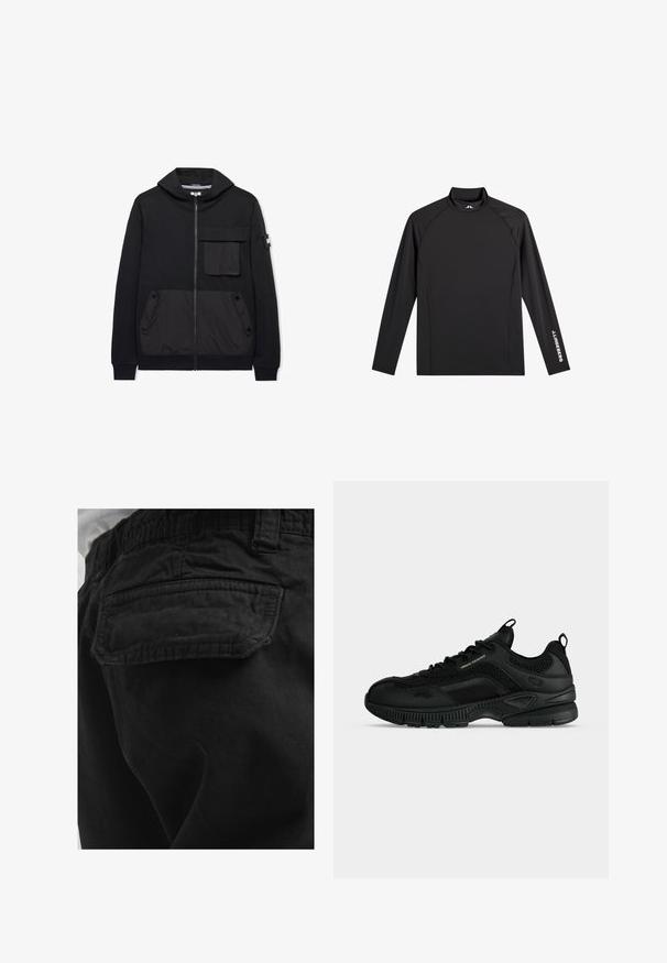Sweat à capuche noir zippé avec poche à rabat sur le devant, deux poches latérales à boutons, poignets côtelés et un petit écusson sur la manche gauche.; Haut de sport noir à manches longues avec col montant, coupe ajustée, et logo blanc "J.Lindeberg" sur la manche gauche et le col.; Poche arrière d’un pantalon noir avec rabat et coutures visibles, porté par une personne en chemise blanche.; Baskets basses noires avec panneaux en mesh et cuir, marquées "Armani Exchange" sur le côté, avec une semelle épaisse et des languettes sur la languette et le talon.
