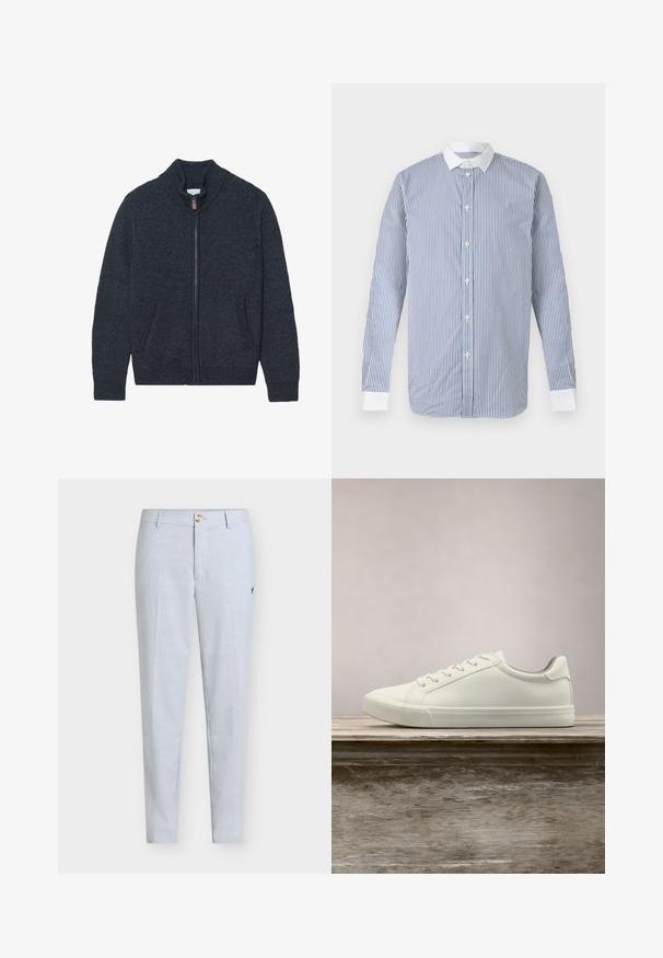 Cardigan en maille gris foncé avec un col montant, une fermeture éclair intégrale et deux poches latérales. Tissu texturé avec des poignets et un ourlet côtelés.; Chemise à manches longues à boutons avec des rayures verticales bleues et blanches, col blanc et poignets blancs sur un fond uni.; Pantalon bleu clair en tissu texturé, présentant une coupe droite, une fermeture à boutons et un petit motif brodé sur le côté.; Sneaker en dentelle blanche flottant au-dessus d'un banc en bois avec un feuillage vert en arrière-plan, mettant en valeur le design et la texture de la chaussure.