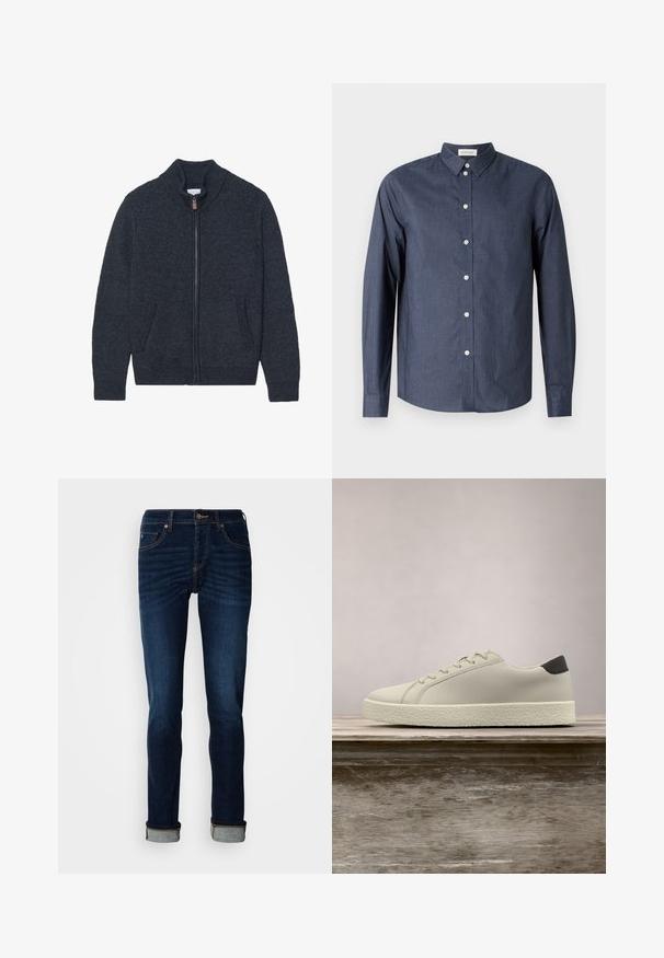 Cardigan en maille gris foncé avec un col montant, une fermeture éclair intégrale et deux poches latérales. Tissu texturé avec des poignets et un ourlet côtelés.; Chemise boutonnée à manches longues bleu marine en tissu lisse ; elle présente un col classique, des boutons blancs et un ourlet incurvé.; Jean bleu foncé avec une coupe droite, zip, et ourlet retroussé. Fabriqué en denim avec un léger délavage et des détails de couture contrastants.; Baskets blanches avec semelle texturée et détail noir au talon, flottant au-dessus d'un banc en bois avec de hautes herbes vertes en arrière-plan.
