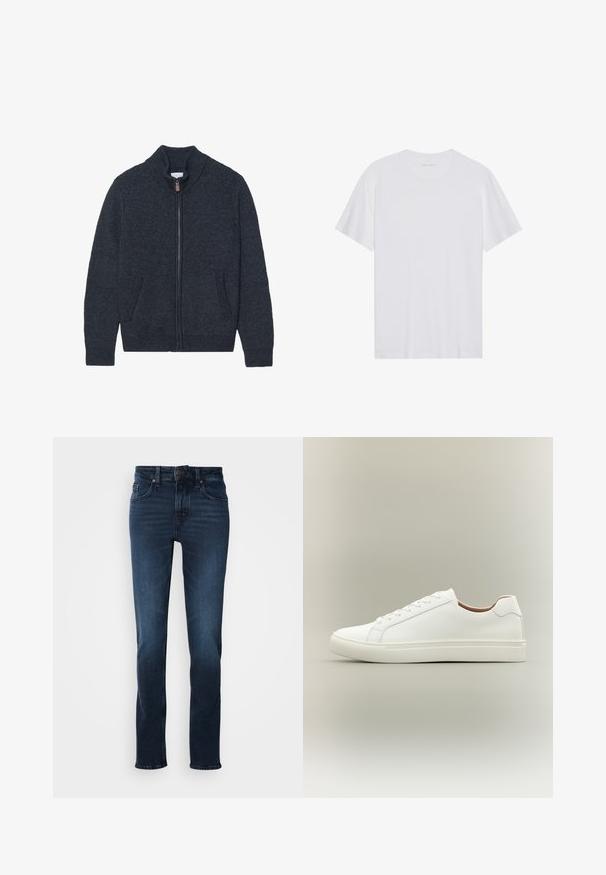 Strikket mørkegrå cardigan med høj krave, fuld lynlås og to sidelommer. Teksturstof med ribbede manchetter og kant.; Hvid bomulds T-shirt med korte ærmer, rund hals og en glat tekstur. Har minimal branding på halsudskæringen.; Mørkeblå denim jeans med lige ben-design, fem-lomme stil, frontknaplukning og subtilt slid på lårene.; Hvid lavt snøresko med snørelukning og flad sål, vist fra siden på en neutral baggrund.