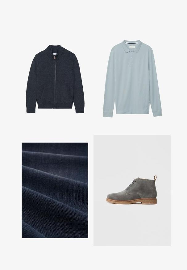 Gestrickte dunkelgraue Strickjacke mit hohem Kragen, vollem Reißverschluss und zwei Seitentaschen. Strukturierter Stoff mit gerippten Bündchen und Saum.; Langärmliges Poloshirt in Hellblau mit einem flachen Kragen, Knopfleiste mit drei Knöpfen und einem subtil strukturierten Stoff. Mit gestreiftem Innenkragen.; Dunkelblaue Denim-Stoff mit geripptem Muster, das Falten und Wellen zeigt und somit sein Gewicht und seine Strapazierfähigkeit betont.; Graue Wildleder-Ankle Boots mit runder Spitze, minimalen Nähten und zweifarbiger Gummisohle. Mit zentraler Schnürung und einer Schlaufe an der Ferse.