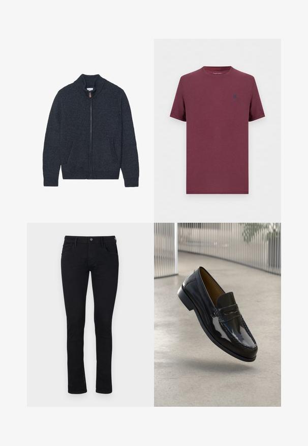 Strikket mørkegrå cardigan med høj krave, fuld lynlås og to sidelommer. Teksturstof med ribbede manchetter og kant.; Almindelig t-shirt med korte ærmer og rund hals i bordeaux med et lille mørkt emblem på venstre bryst fra Pier One.; Sorte slim-fit jeans i denim materiale med en glat overflade. Med fem lommer og en lynlås med knaplukning i taljen.; Sorte patentlæder loafer med en syet detalje, rund tå, lav hæl og glat overflade, præsenteret mod en neutral baggrund.