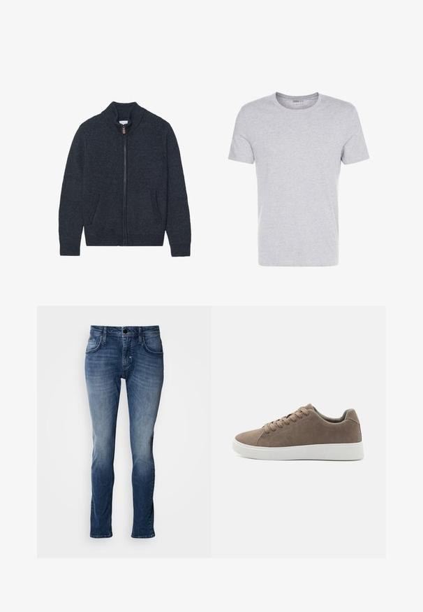 Gebreide donkergrijze cardigan met een hoge kraag, volle ritssluiting en twee zijzakken. Gelaagd stof met geribde manchetten en onderrand.; Grijze katoenen t-shirt met een ronde hals, korte mouwen en een eenvoudige uitstraling, met een zachte, gladde textuur en zonder zichtbare patronen of versieringen.; Blauwe denim jeans met een vervaagd uiterlijk, vijf zakken, rechte pijpen en stiksels. Eenvoudige sluiting met een knoop en rits.; Bruine suède sneakers met platte witte rubberen zolen, vetersluiting, ronde neus en een gladde textuur. Minimalistische stijl met subtiele stikdetails.
