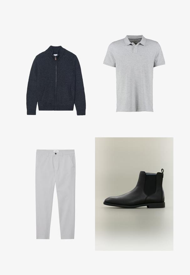 Cardigan en maille gris foncé avec un col montant, une fermeture éclair intégrale et deux poches latérales. Tissu texturé avec des poignets et un ourlet côtelés.; Polo gris à manches courtes, en tissu doux, avec un col à côtes subtil et une patte de boutonnage à deux boutons.; Pantalons gris clair en tissu doux, avec une coupe ajustée, deux poches avant, une fermeture à bouton et des détails de texture subtils.; Botte Chelsea en cuir noir avec panneaux latéraux élastiques et languette, talon bas et bout arrondi lisse sur fond neutre.