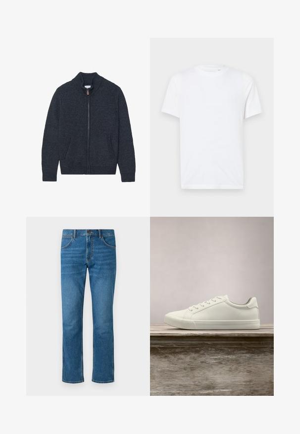 Strikket mørkegrå cardigan med høj krave, fuld lynlås og to sidelommer. Teksturstof med ribbede manchetter og kant.; Hvid bomulds t-shirt med rund halsudskæring og korte ærmer. Har et lille, præget logo på venstre bryst. Glat tekstur.; Blå denim jeans med fem lommer, knaplukning og lige ben. Har subtilt slid og kontrastsyede detaljer.; Hvide snørresneakers svævende over en træbænk med grønne planter i baggrunden, der fremhæver skodesign og tekstur.