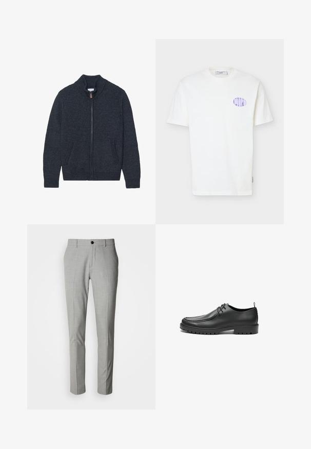 Cardigan en maille gris foncé avec un col montant, une fermeture éclair intégrale et deux poches latérales. Tissu texturé avec des poignets et un ourlet côtelés.; T-shirt blanc à manches courtes en coton avec un logo ovale lilas sur le côté gauche de la poitrine et un col rond.; Pantalon gris clair en tissu texturé, avec une taille plate, deux poches latérales et une fermeture à bouton unique. Coupe ajustée.; Chaussures en cuir noir avec une finition lisse, bout arrondi et coutures décoratives. Elles possèdent une semelle en caoutchouc avec des rainures de traction et un laçage.