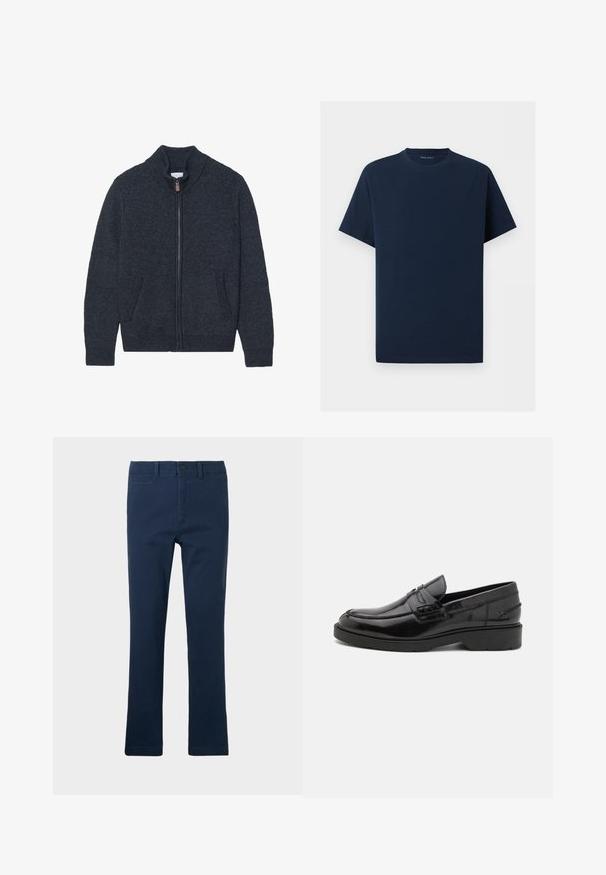 Cárdigan de punto gris oscuro con cuello alto, cremallera completa y dos bolsillos laterales. Tejido texturizado con puños y bajo acanalados.; Camiseta lisa azul marino de manga corta y cuello redondo sobre un fondo blanco, mostrando vista frontal sin logos o diseños visibles.; Pantalones de algodón azul marino con un diseño de pierna recta, que cuentan con bolsillos frontales, cierre de cremallera y un botón en la parte superior.; Mocasines de cuero negro con un acabado suave, punta redondeada, tacón bajo y costura decorativa en la parte delantera. Suela de goma para mayor agarre.