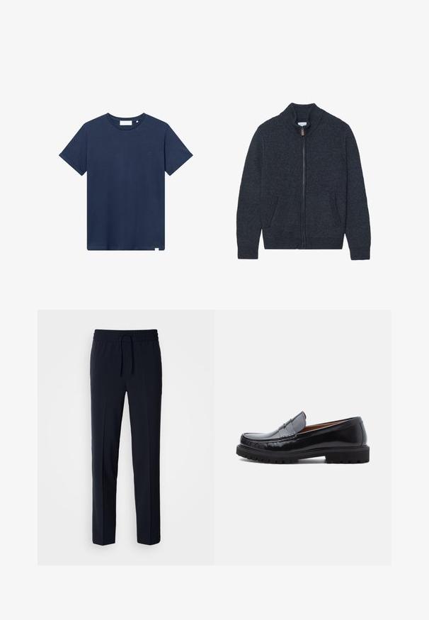 Cárdigan de punto gris oscuro con cuello alto, cremallera completa y dos bolsillos laterales. Tejido texturizado con puños y bajo acanalados.; Camiseta de algodón azul marino con cuello redondo, mangas cortas y un pequeño logotipo bordado en el lado izquierdo del pecho. Textura suave.; Pantalones ligeros azul marino con cintura elástica y cordón ajustable, que presentan un diseño de corte recto y una textura suave.; Mocasines de penny de cuero negro con suela de goma gruesa y costura tipo moc, presentados de perfil sobre un fondo blanco.