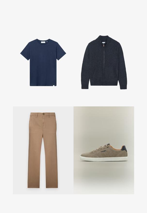 Gebreide donkergrijze cardigan met een hoge kraag, volle ritssluiting en twee zijzakken. Gelaagd stof met geribde manchetten en onderrand.; Navyblauwe katoenen t-shirt met een ronde hals, korte mouwen en een klein geborduurd logo op de linkerkant van de borst. Zachte textuur.; Khaki chinos met een recht gesneden ontwerp, gemaakt van zachte katoenen stof, met een sluiting met één knoop en riemlussen.; Beige lage sneaker met witte zool, donkerblauwe hielkap, geperforeerde zijkanten, veters en "Wrangler"-logo op de zijkant.