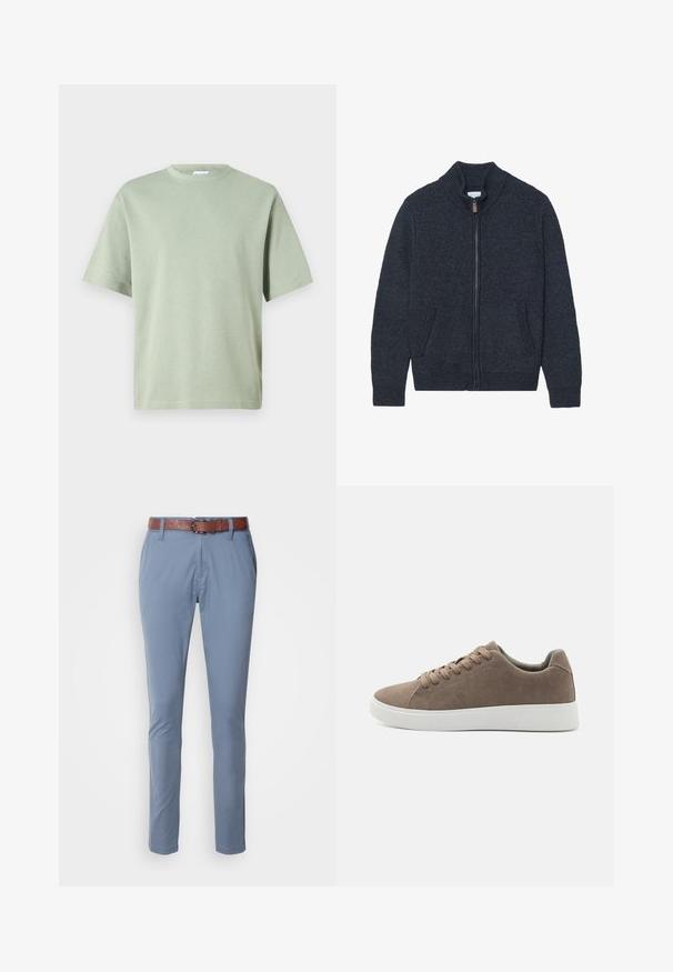 Strikket mørkegrå cardigan med høj krave, fuld lynlås og to sidelommer. Teksturstof med ribbede manchetter og kant.; Lys grøn bomuld t-shirt med rund halsudskæring og korte ærmer. Stoffet har en glat tekstur og er uden mønstre.; Lyseblå bukser lavet af glat stof, med et brunt læderbælte, slim fit design og standardlommer med en enkel søm.; Brune ruskinds sneakers med flade hvide gummisåler, snørelukning, rund tå og en glat overflade. Minimalistisk stil med diskrete syninger.