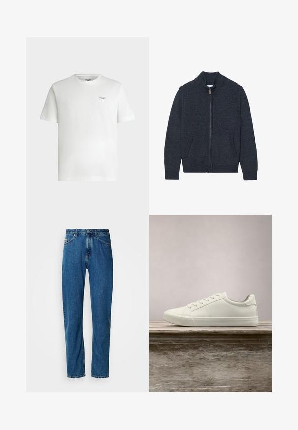Strikket mørkegrå cardigan med høj krave, fuld lynlås og to sidelommer. Teksturstof med ribbede manchetter og kant.; Hvid kortærmet t-shirt med rund hals og lille sort tekstlogo "Marc O'Polo DENIM" på øverste venstre bryst.; Blå lige ben denim jeans med fem lommer og frontlukning med knap på en hvid baggrund.; Hvide snørresneakers svævende over en træbænk med grønne planter i baggrunden, der fremhæver skodesign og tekstur.