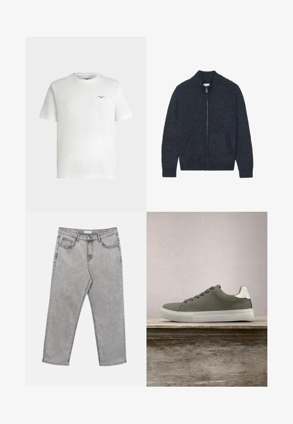 Strikket mørkegrå cardigan med høj krave, fuld lynlås og to sidelommer. Teksturstof med ribbede manchetter og kant.; Hvid kortærmet t-shirt med rund hals og lille sort tekstlogo "Marc O'Polo DENIM" på øverste venstre bryst.; Lysegrå denimjeans med forreste knap og lynlås, bæltestropper og fem lommer, lagt fladt på en hvid baggrund.; Grå sneaker med en glat overdel, hvide accenter og gummisål. Har et klassisk snørelukningsdesign og en struktureret tåhætte.