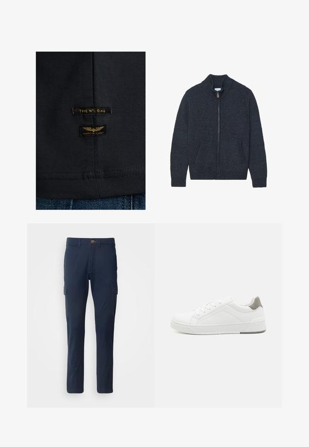 Strikket mørkegrå cardigan med høj krave, fuld lynlås og to sidelommer. Teksturstof med ribbede manchetter og kant.; Sort bomulds t-shirt med en glat tekstur. Har to mærker: "TYPE NO: C-46" og "AMERICAN CLASSIC" i gul på mørkt stof.; Marine cargo bukser lavet af bomuldsblandingsstof, med to sidelommer, lynlås og en frontknap lukning. Lige ben design.; Hvid sneaker lavet af glat læder, rund tå, minimalistisk design, grå hælafsats og tekstureret gummisål.