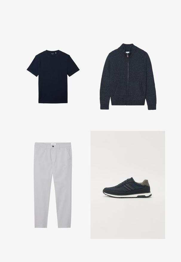 Cardigan en maille gris foncé avec un col montant, une fermeture éclair intégrale et deux poches latérales. Tissu texturé avec des poignets et un ourlet côtelés.; T-shirt en coton bleu marine à manches courtes, avec un col rond classique et une texture lisse. Design simple, sans motifs ni accents visibles.; Pantalons gris clair en tissu doux, avec une coupe ajustée, deux poches avant, une fermeture à bouton et des détails de texture subtils.; Baskets en mesh et suède bleu marine avec un accent de talon gris ; dotées d'une semelle intermédiaire blanche et d'une semelle extérieure noire texturée ; détails de rayure minimalistes.