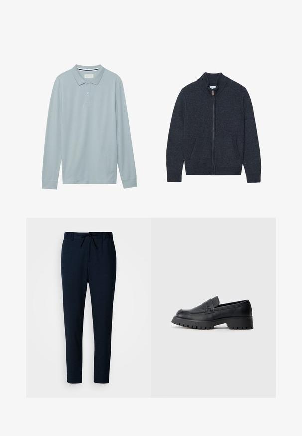 Gebreide donkergrijze cardigan met een hoge kraag, volle ritssluiting en twee zijzakken. Gelaagd stof met geribde manchetten en onderrand.; Lange mouw polo shirt in lichtblauw met een vlakke kraag, een drieknoopssluiting en een subtiele textuur. Beschikt over een gestreepte binnenkraag.; Donkerblauwe broek gemaakt van een zachte, lichtgewicht stof. Heeft een taille met trekkoord, taps toelopende pijpen en een gladde textuur.; Zwarte leren instappers met een ronde neus, voorzien van een decoratieve riem en een stevige rubberen zool met diepe groeven voor grip.
