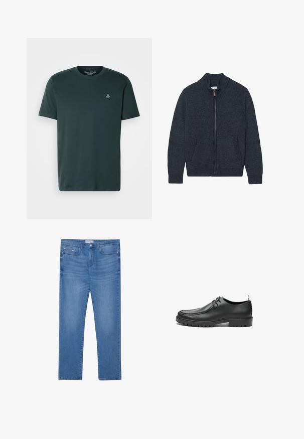 Cárdigan de punto gris oscuro con cuello alto, cremallera completa y dos bolsillos laterales. Tejido texturizado con puños y bajo acanalados.; Camiseta verde oscuro hecha de tela suave, con cuello redondo y mangas cortas. Logo bordado en el lado izquierdo del pecho.; Jeans de mezclilla azul claro con corte recto, diseño de cinco bolsillos, un ligero desgaste y detalles en metal en la cintura y los bolsillos.; Zapatos de cuero negro con un acabado suave, punta redondeada y costuras decorativas. Cuenta con una suela de goma con surcos para tracción y un diseño de cordones.