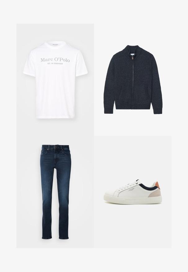 Gebreide donkergrijze cardigan met een hoge kraag, volle ritssluiting en twee zijzakken. Gelaagd stof met geribde manchetten en onderrand.; Witte katoenen T-shirt met een ronde hals, korte mouwen en grijze opdruk met de tekst "Marc O'Polo EST. IN STOCKHOLM."; Donkerblauwe spijkerbroek met een rechte pijp, vijfzakkenstijl, knoopsluiting aan de voorkant en subtiele vervaging op de dijen.; Witte leren sneakers met een laag ontwerp, marineblauwe stoffen accenten op de kraag en een lichtroze suède hieltab. Rubberen zool.