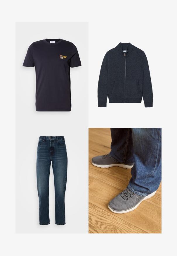 Strikket mørkegrå cardigan med høj krave, fuld lynlås og to sidelommer. Teksturstof med ribbede manchetter og kant.; Mørkeblå bomuld t-shirt med korte ærmer og rund hals. Indeholder et lille broderet design med tekst på venstre brystområde.; Mørkeblå lige bukser med frontknap og lynlås, fem-lomme design og subtil fading på lår og knæ.; Grå løbesko med mesh-overdel, hvid sål og elastiske snørebånd. Parret med blå denimjeans, på et trægulv.