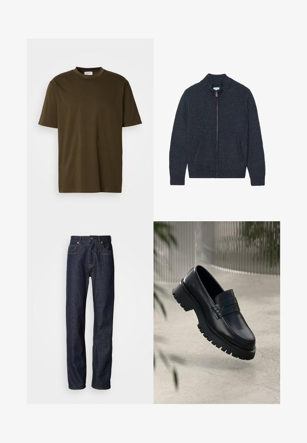 Strikket mørkegrå cardigan med høj krave, fuld lynlås og to sidelommer. Teksturstof med ribbede manchetter og kant.; Simpel olivengrøn T-shirt med korte ærmer og rund halsudskæring, med et synligt hvidt mærke ved halsen, præsenteret på en hvid baggrund.; Mørkeblå denimjeans med lige pasform, udstyret med kobberbroderi, femlommesdesign og klassisk lynlås og knaplukning.; Sorte læder loafers med en chunky sål, der har en dekorativ rem og syninger. Glat tekstur med en poleret overflade.