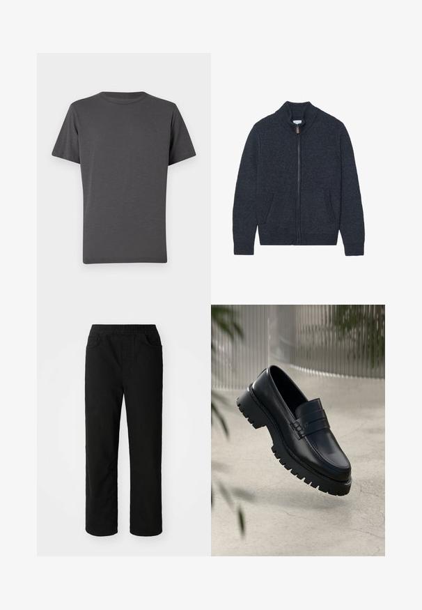 Cárdigan de punto gris oscuro con cuello alto, cremallera completa y dos bolsillos laterales. Tejido texturizado con puños y bajo acanalados.; Camiseta de cuello redondo en gris oscuro, de manga corta, hecha de tejido suave. Presenta un logotipo sutil en la parte frontal, textura lisa y costuras mínimas.; Pantalones de algodón negros con un ajuste relajado, cinturilla elástica, dos bolsillos delanteros y piernas rectas. Textura suave sin patrones visibles.; Mocasines de cuero negro con suela gruesa, que presentan una correa decorativa y detalles de costura. Textura suave con un acabado pulido.