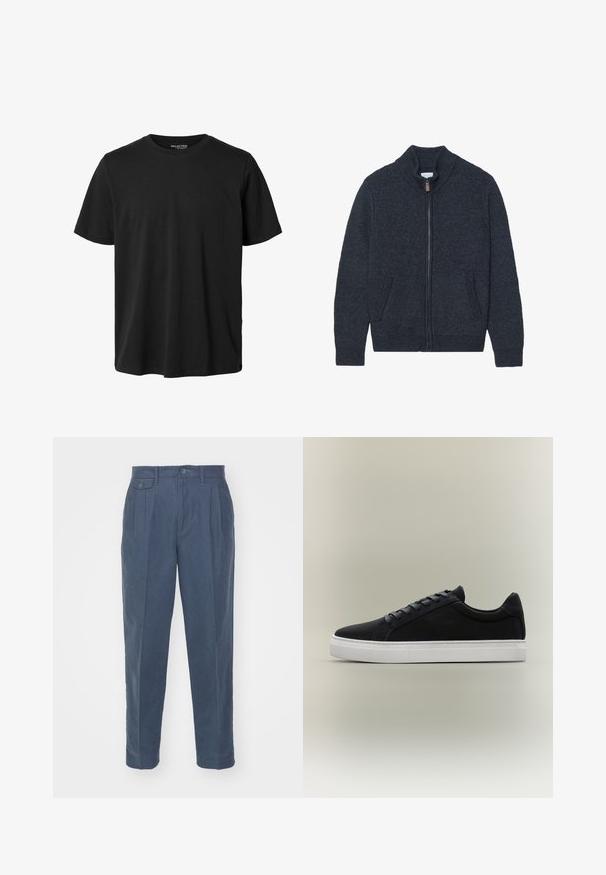Strikket mørkegrå cardigan med høj krave, fuld lynlås og to sidelommer. Teksturstof med ribbede manchetter og kant.; Sort kortærmet t-shirt med rund halsudskæring, normal pasform og uden synligt design eller mærkning foran.; Only & Sons ONSPALE NEW LOOSE PANT - Bukser - dark slate; Sort lavsko-sneaker med hvid gummisål, snøredesign og polstret krave vist på en neutral grå baggrund.