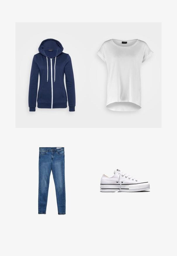 Cazadora de navy con cremallera y cordones blancos, bolsa en el frente y puños acanalados. Tejido suave con una textura lisa, que presenta un diseño casual.; Camiseta blanca de manga corta con cuello redondo, dobladillo trasero ligeramente más largo, tejido de algodón suave y mangas enrolladas. Sin estampados visibles.; Vaqueros de mezclilla azul oscuro con un ajuste clásico skinny. Incluyen cinco bolsillos, cremallera y un sutil efecto de desgaste para dar textura.; Zapatilla baja de lona blanca con cordones blancos, rayas negras en la suela y puntera de goma texturizada, vista lateral sobre fondo blanco.
