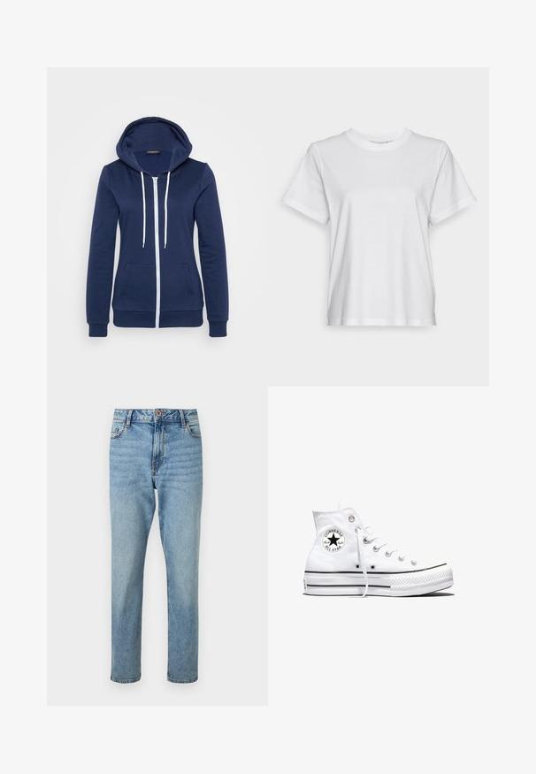 Mørkeblå hættejakke med hvide snore, frontlommer og ribbede manchetter. Blødt stof med en glat tekstur, som har et afslappet design.; Hvid bomulds T-shirt med korte ærmer, rund hals og en afslappet pasform. Glat tekstur, uden mønstre eller grafik, enkel design.; Lyseblå højtaljede jeans med rette ben, forsideknap og lynlåslukning, forlommer og subtile falmede detaljer.; Hvid højtop Converse Chuck Taylor All Star-sneaker med sort logo-patch og hvide snørebånd, vist på hvid baggrund.