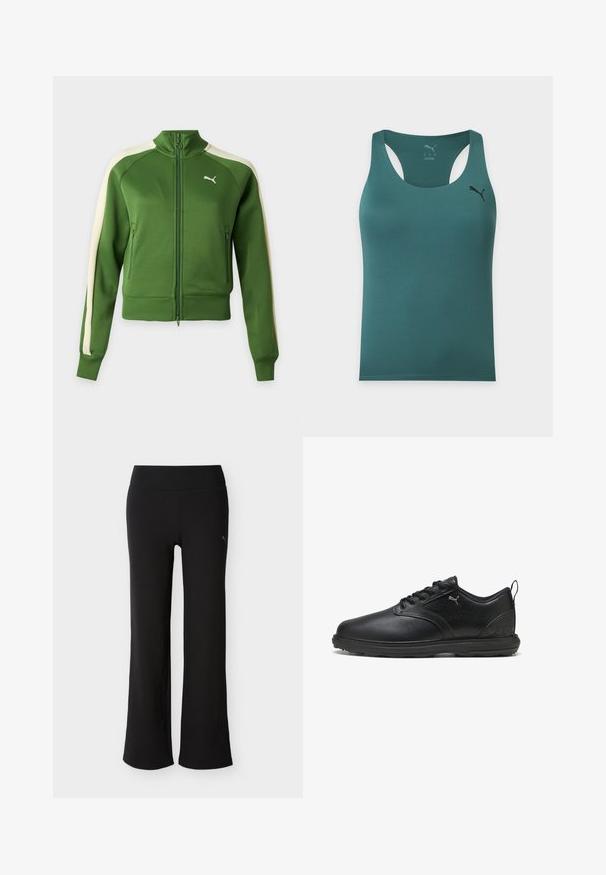 Veste de survêtement verte zippée avec des bandes crème sur les manches et un logo Puma blanc sur la poitrine gauche, présentée sur un fond uni.; Débardeur sportif sans manches vert sarcelle avec dos nageur et petit logo Puma noir sur le haut gauche de la poitrine.; Pantalon large noir avec taille élastique et logo Puma subtil sur la partie supérieure de la cuisse gauche, présenté sur fond blanc.; Chaussure en cuir noir avec une finition lisse, panneau latéral texturé, design à lacets et col rembourré. Présente un logo subtil et des accents à motifs.