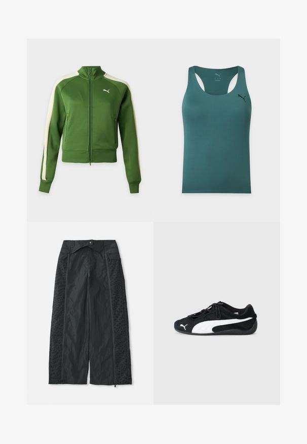 Grøn trackjakke med lynlås med cremefarvede striber på ærmerne og et hvidt Puma-logo på venstre bryst, vist mod en ensfarvet baggrund.; Tealgrøn ærmeløs atletisk tanktop med racerback-design og lille sort Puma-logo på øverste venstre bryst.; Sort brede bukser lavet af letvægtsmateriale, der har teksturerede mønstre på siderne og lynlåsåbninger ved kanten.; Sorte atletiske sko i mesh og læder, med et hvidt Puma-logo, elastiske snørebånd og en struktureret gummisål.