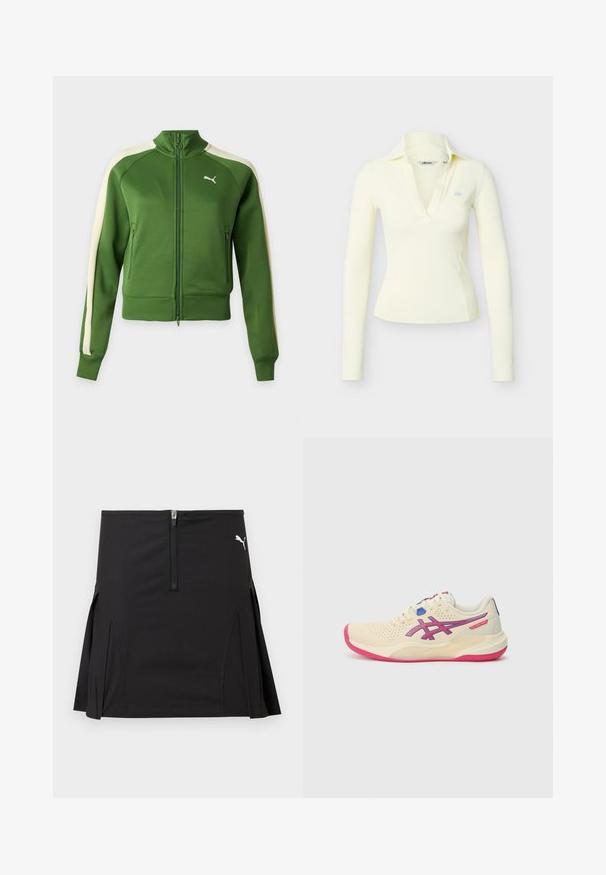 Groene trainingsjas met rits, met crèmekleurige strepen op de mouwen en een wit Puma-logo op de linkerborst, weergegeven tegen een effen achtergrond.; Lange mouwen, crèmekleurige nauwsluitende top met diepe V-hals en kraag, voorzien van een klein lichtblauw logo op de linkerborst.; Zwarte sportbroek met rits aan de voorkant en plooien aan de zijkant, met een wit Puma-logo aan de rechterbovenkant.; Crèmekleurige sportschoen met een roze zool, blauwe en paarse accenten, perforeerde bovenkant en een afgeronde neus.