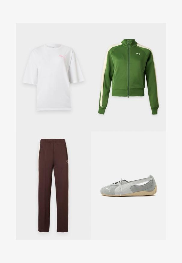 Veste de survêtement verte zippée avec des bandes crème sur les manches et un logo Puma blanc sur la poitrine gauche, présentée sur un fond uni.; T-shirt blanc à manches courtes avec col rond, présentant un petit logo Puma rose sur le côté gauche de la poitrine.; Pantalon de survêtement marron avec une finition texturée, taille élastique, poches latérales zippées et un logo sur la jambe gauche.; Chaussure plate en daim Puma gris clair avec logo blanc, lacets à l'avant, côtés découpés et semelle beige texturée, vue du côté extérieur.