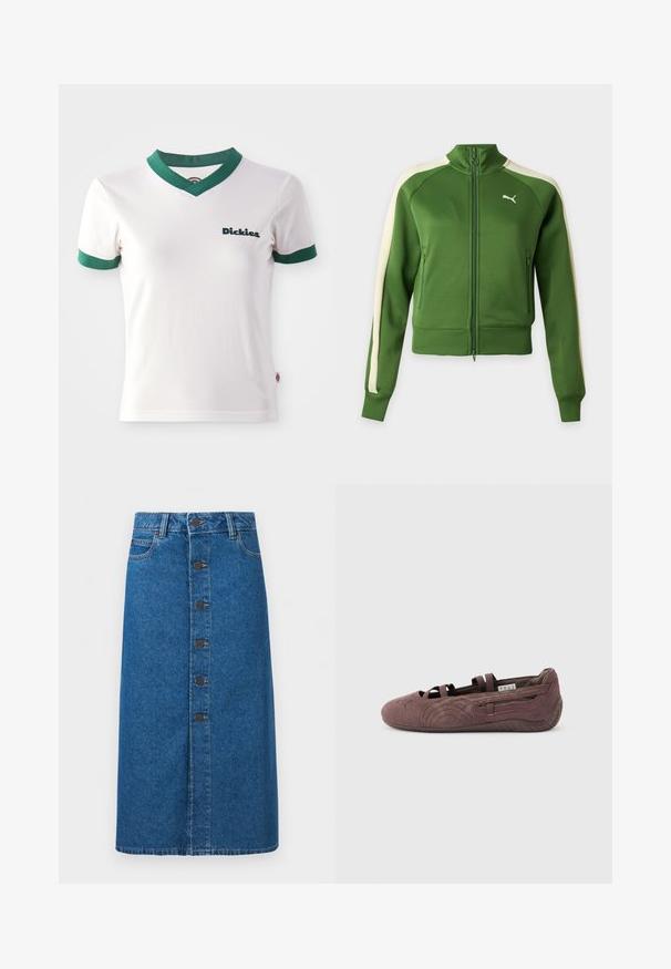 Chaqueta de chándal verde con cremallera, con rayas crema en las mangas y un logo blanco de Puma en el pecho izquierdo, mostrada sobre un fondo liso.; Camiseta de algodón blanca de manga corta con cuello en V y ribetes verdes; cuenta con el logo de "Dickies" en verde oscuro en el lado izquierdo del pecho. Textura de algodón suave.; Falda midi de mezclilla azul con cierre frontal de botones, trabillas para cinturón y bolsillos laterales, mostrada sobre un fondo blanco liso.; Zapato plano tipo ballet de ante marrón con correas elásticas y suela texturizada, mostrado de perfil sobre un fondo claro y liso.