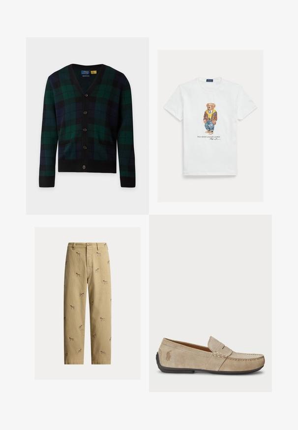 Cárdigan de cuadros en verde oscuro y azul marino con botones, ribete negro y dos bolsillos frontales, mostrado sobre un fondo neutro.; Camiseta blanca de algodón con una imagen gráfica de un oso de dibujos animados vestido. Detalles destacables incluyen una chaqueta marrón, una sudadera con capucha amarilla y vaqueros azules.; Pantalones de pana beige con diseños bordados de perros, corte recto y estilo de cinco bolsillos con cierre de botón frontal.; Mocasines de ante beige con detalle cosido, suela de goma plana y un pequeño logotipo en el lateral. Diseño clásico de slip-on, textura suave.