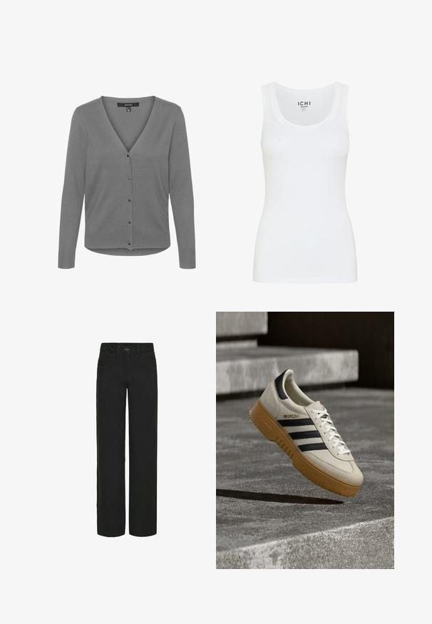 Cardigan gris avec un col en V, des manches longues, cinq boutons sur le devant, des poignets côtelés et une texture lisse. Conception simple et style polyvalent.; Débardeur blanc en tissu lisse. Présente une encolure ronde et des bretelles larges. Design légèrement ajusté sans motifs ni embellissements visibles.; Pantalons larges noirs en denim avec une texture lisse. Comprend des poches avant, une fermeture à bouton et des passants de ceinture.; Baskets en daim beige avec des rayures noires, des lacets blancs et une semelle en caoutchouc gomme. Présente un logo "SPEZIAL" sur le côté.
