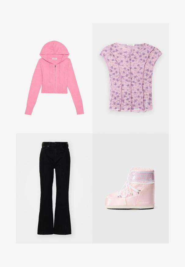 Haut de hoodie court rose avec fermeture éclair, ourlet et poignets côtelés, doté d'une capuche avec cordon de serrage. Texture douce et matériau tricoté.; Blouse à manches courtes en dentelle violet clair avec motif floral et bords festonnés, disposée à plat sur fond blanc.; Jean flare noir à taille haute, fabriqué en denim, avec des poches avant et des accents cousus le long des coutures latérales.; Bottines Moon Boot rembourrées roses avec des lacets blancs enroulés, semelle épaisse et bande transparente avec le texte "Moon Boot" près du haut.