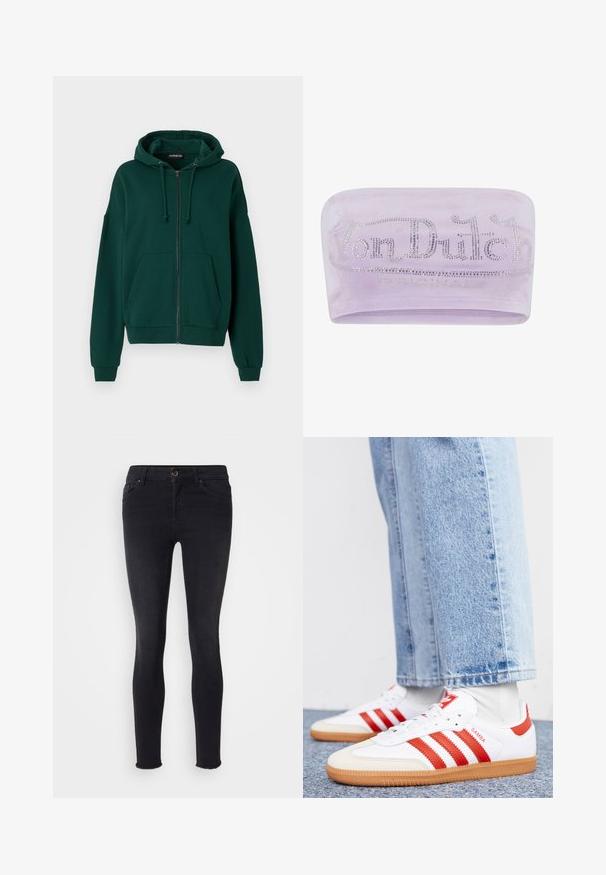 Mørkegrøn zip-up hættetrøje lavet af blødt stof. Har en hætte med snoretræk, frontlommer samt ribbede manchetter og kant.; Lilla fløjlshovedbånd med et metallisk sølv 'Von Dutch'-logo, udsmykket med rhinsten, glat tekstur og strækbar design.; Sorte skinny jeans i denim-materiale med en mellemhøj talje, frontlommer og en rå kant ved anklerne. Klassisk fem-lomme design.; Hvide lædersneakers med røde striber og accenter. Har en tekstureret gummisål og polstret krave. Bæres med lyseblå denim.