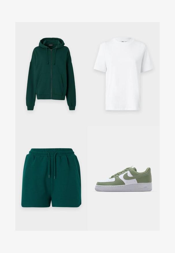 Sudadera con cremallera de color verde oscuro, fabricada en un tejido suave. Cuenta con capucha con cordón, bolsillos frontales y puños y dobladillo acanalados.; Camiseta de algodón blanca de cuello redondo con mangas cortas y una textura suave. Diseñada con un ajuste relajado para mayor comodidad y versatilidad.; Pantalones cortos de cintura elástica en verde oscuro con cordón, bolsillos laterales y una textura de tela suave, mostrados sobre un fondo liso.; Zapatillas Nike Air Force 1 en cuero verde y blanco. Diseño de corte bajo, punta redonda, suela de goma texturizada y detalle destacado del logo swoosh.