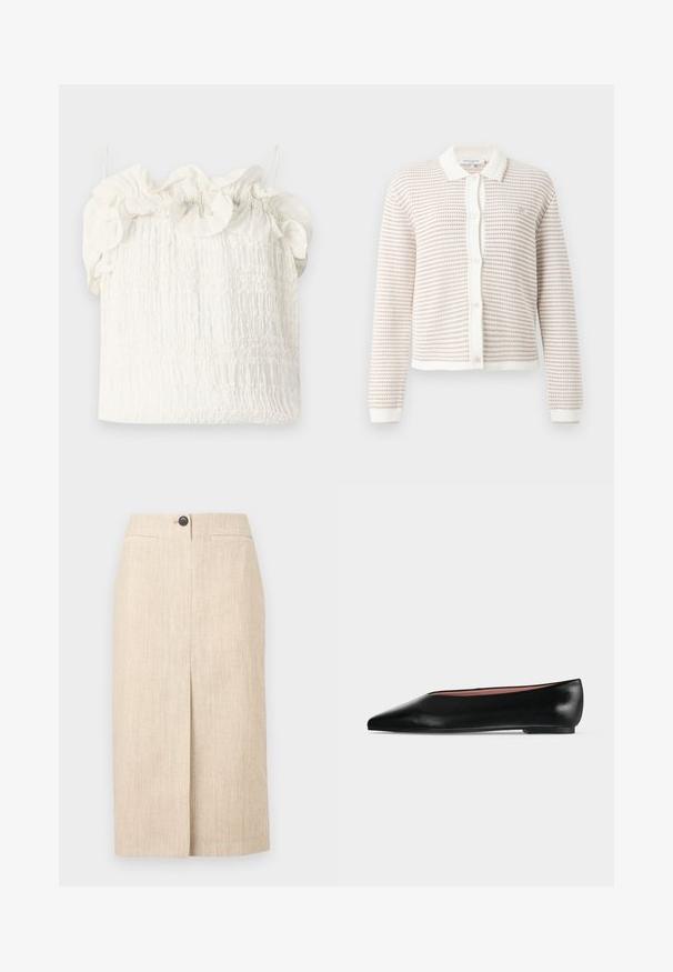Beige en wit gestreepte gebreide cardigan met knopen, lange mouwen, witte kraag en geribde boorden en zoom.; Hofmann Copenhagen EXCLUSIVE GENEVIVE - Top - off white; Beige kokerrok tot op de knie met voorsplit, twee horizontale zijkantenzakken en enkele zwarte knoopsluiting in de taille.; Zwarte leren damesschoen met platte zool, puntige neus en lage hak, zijwaarts afgebeeld tegen een effen lichtgrijze achtergrond.