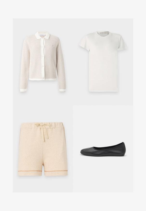 Beige og hvide stribede strikkede cardigan med knapper, lange ærmer, hvid krave samt ribstrikkede manchetter og kant.; Hvid kortærmet t-shirt lavet af bomuld med rund halsudskæring og enkel snit. Der er tags med "DESIGNERS REMIX" indeni kraven.; Beige bomuldsshorts med elastisk talje og snor. Har kontrasterende syninger langs kanten og siderne.; Sort læderballetsko med rund tå, glat tekstur, minimal syning og et fleksibelt såldesign.