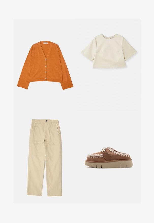 V-Ausschnitt, kurzer Cardigan aus strukturiertem orangenem Stoff mit fünf metallischen Knöpfen an der Vorderseite sowie gerippten Bündchen und Saum.; Cremfarbener Cropped-Top aus glattem Material, mit kurzen Ärmeln, rundem Ausschnitt und dezentem Nahtdesign.; Beige weit geschnittene Hosen aus Baumwolle. Verfügt über zwei Vordertaschen, zwei Gesäßtaschen und einen einzelnen Knopfverschluss an der Taille.; Braune Wildlederschlupfschuhe mit einer beigen Gummisohle, kontrastierenden geflochtenen Details an der Oberseite und einer dekorativen Schnallenelement.