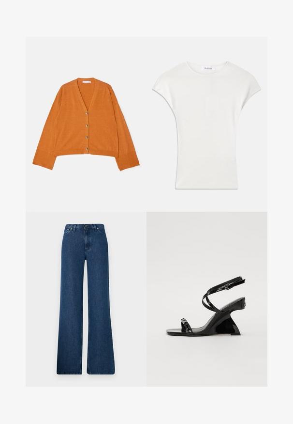 V-hals, cropped cardigan van gestructureerde oranje stof met vijf metalen knopen aan de voorkant en geribbelde boorden en zoom.; Witte shirt met korte mouwen, gemaakt van zachte, geribbelde stof. Crew halslijn; losse pasvorm met lichte kapmouwen. Merkenlabel zichtbaar bij de halslijn.; Blauwe denim flared jeans met een hoge taille, vijf-pocket ontwerp en metalen knoopsluiting. Gladde textuur, casual stijl en minimale stiksels.; Zwarte gepatineerde leren wedge sandaal met een slanke, open teenontwerp, dunne enkelriemen en een decoratieve gespsluiting.