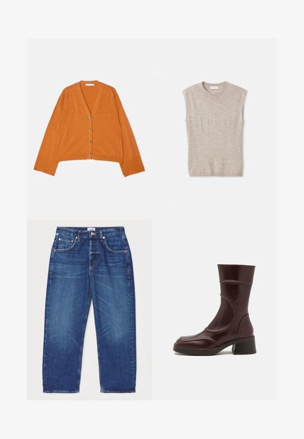 Cardigan court à col en V en tissu texturé orange, doté de cinq boutons métalliques à l'avant et de poignets et d'ourlet à côtes.; Top sans manches beige clair en matériau doux, avec un col rond, des lignes épurées et une coupe légèrement ample. Design minimalist.; Citizens of Humanity DAHLIA IN CLAREMONT - Jean boyfriend - dark-blue denim; MIISTA MALENE - Bottines - brown