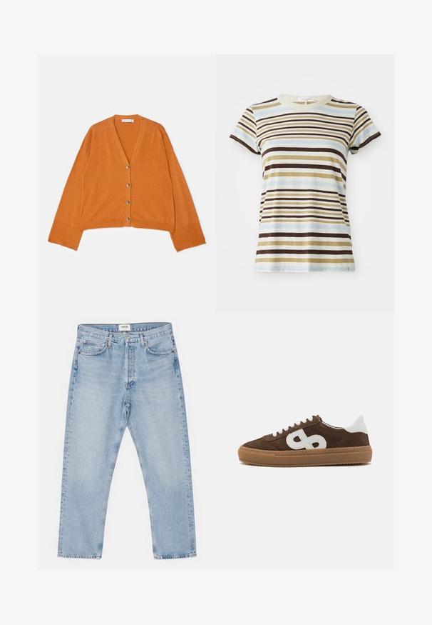 V-hals, cropped cardigan van gestructureerde oranje stof met vijf metalen knopen aan de voorkant en geribbelde boorden en zoom.; Gestreept t-shirt in lichtblauw, beige, bruin en crèmekleur. Korte mouwen, ronde hals, gemaakt van katoen, met een gestikte zoom en zijlabel.; Lichtblauwe denim jeans met een klassieke rechte pasvorm, vijf zakken en een knoopsluiting, met subtiele vervaging en een stevige textuur.; Bruine suède sneaker met witte leren accenten, voorzien van een prominent wit logo, ronde neus, vlakke vetersluiting en een gumrubberen zool.