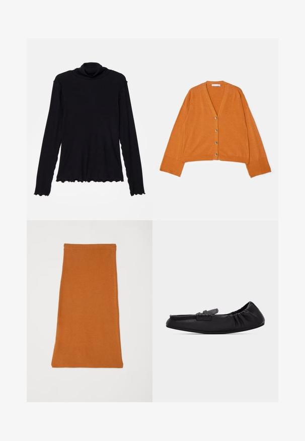 Cárdigan corto de cuello en V en tejido texturizado de color naranja, con cinco botones metálicos en la parte frontal y puños y dobladillo acanalados.; Rodebjer CISNE - Camiseta de manga larga - black; Falda naranja de tejido elástico con una textura suave, que presenta un diseño simple y ajustado, y un dobladillo recto. Sin hardware visible ni patrones.; Mocasín plano de cuero negro con parte trasera elástica y un pequeño detalle de correa en la parte superior, visto de lado sobre un fondo blanco.