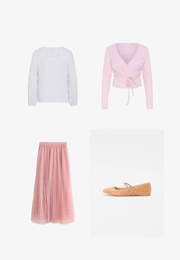 Hele roosa pikkade varrukatega mähkme-sviiter V-kaelusega ning vööga vöökohal, õrna silmuspitsimustriga ja sildiga "Saint" krae sees.; Valge pikakä sleeve blouse ruffles kraega, sile tekstuur ja elastsete mansettidega. Lihtne, puhas disain sobib erinevateks juhtudeks.; Roosa volditud midi seelik pitsilise aluskihiga ja kogutud vöökohaga, valgel taustal esitletud.; Nahat tooni ballet-kanded, millel on terav nokk, välispindade rihmad ja ümmargune kaunistus. Sile tekstuur ja minimalistik disain.