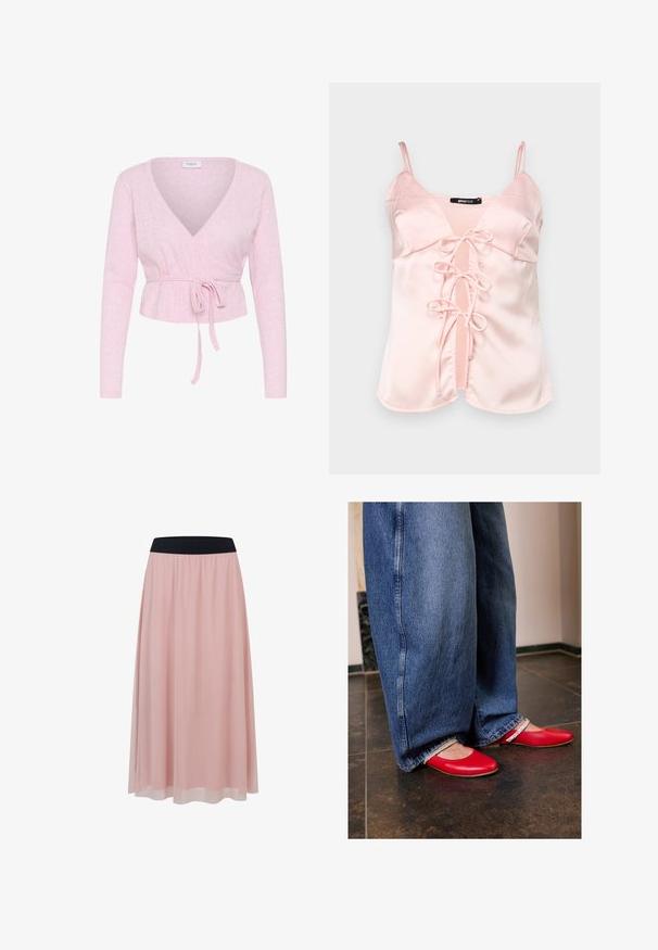 Pull cache-cœur à manches longues rose pâle avec col en V et ceinture nouée à la taille, présentant un motif tricot subtil et une étiquette "Saint" à l'intérieur du col.; Camisole en satin rose avec des bretelles spaghetti réglables, dotée d'une fermeture à nouer à l'avant avec des anses et d'un décolleté en V. Texture lisse et lignes épurées.; Jupe rose longueur cheville avec une couche extérieure transparente et une large ceinture élastique noire.; Des ballerines en cuir rouge avec un bout arrondi et une sangle argentée. Portées avec un jean en denim bleu à jambe large, présentant un ourlet effiloché.