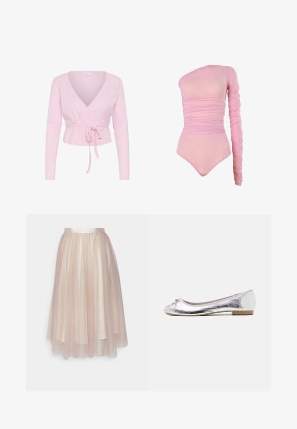 Pull cache-cœur à manches longues rose pâle avec col en V et ceinture nouée à la taille, présentant un motif tricot subtil et une étiquette "Saint" à l'intérieur du col.; Body asymétrique à une épaule en rose clair, avec des détails froncés et une longue manche froncée pour la texture.; Ida Sjöstedt FLAWLESS SKIRT - Jupe trapèze - warm beige; Ballerines argentées avec une finition métallique, bout arrondi, accent de nœud à l'avant et un petit talon pour plus de confort.