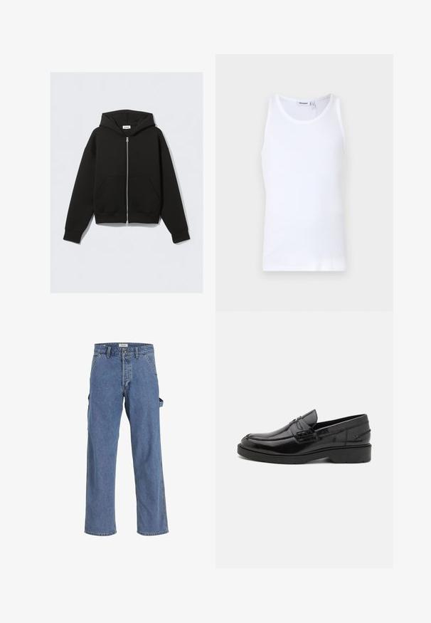 Sort lynlås-hoodie med frontlommer, lange ærmer og hætte, lagt fladt mod en lys baggrund.; Hvid bomulds tanktop med rund hals og brede stropper. Glat tekstur, ingen mønstre, enkelt design og mærkeetiket på halsudskæringen.; Lyseblå denim cargo bukser med en afslappet pasform, der har flere lommer, en knaplukning og frynsekanter. Tekstureret stof, casual stil.; Sorte læder loafers med en glat finish, rund tå, lav hæl og dekorativ syning langs forsiden. Gummisål for godt greb.