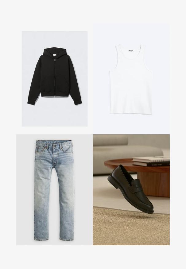 Zwarte zip-up hoodie met voorzakken, lange mouwen en een capuchon, platliggend tegen een lichte achtergrond.; Wit mouwloos hemdje met ronde hals en Weekday-merklabel aan de binnenkant van de achterkraag, plat weergegeven op een lichte achtergrond.; Lichtblauwe denim jeans met rechte pijpen, met knoopsluiting, voorzakken en riemlussen, plat weergegeven op witte achtergrond.; Zwarte leren loafer schoen getoond in de lucht boven een beige geweven tapijt, met een houten tafel en gestapelde boeken in een zacht verlichte woonkamer.