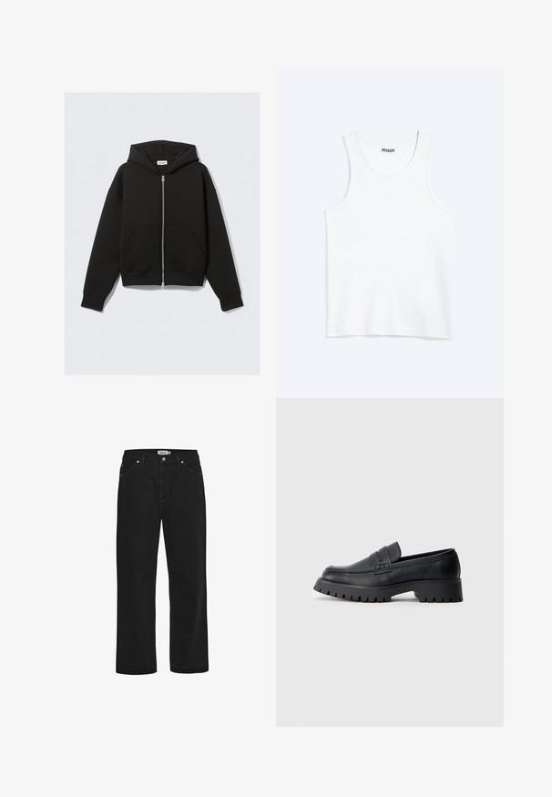 Schwarzer Kapuzenpullover mit Reißverschluss, Fronttaschen, langen Ärmeln und Kapuze, flach auf einem hellen Hintergrund liegend.; Weißes ärmelloses Tanktop mit rundem Ausschnitt und Weekday-Markenetikett auf der Innenseite des hinteren Kragens, flach auf hellem Hintergrund dargestellt.; Schwarze Jeans aus Denim mit geradem Schnitt, Fünf-Taschen-Design, Kupferhardware-Akzenten und einem robusten Bund. Glatte Textur, schlichte Stil.; Schwarze Leder-Loafer mit abgerundeter Schuhspitze, ausgestattet mit einem dekorativen Riemen und einer robusten Gummisohle mit tiefem Profil für besseren Halt.